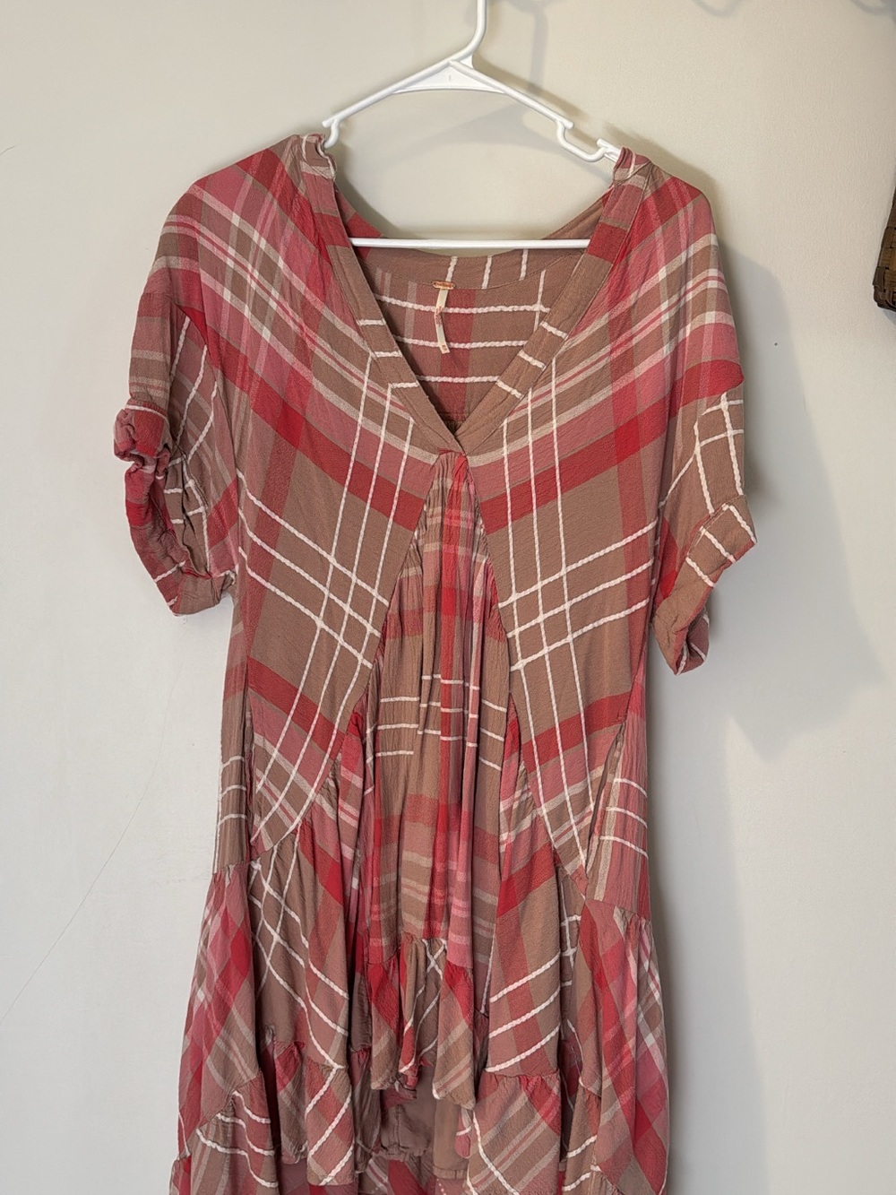 Free People Red and Brown Plaid High-Low Tiered Dress